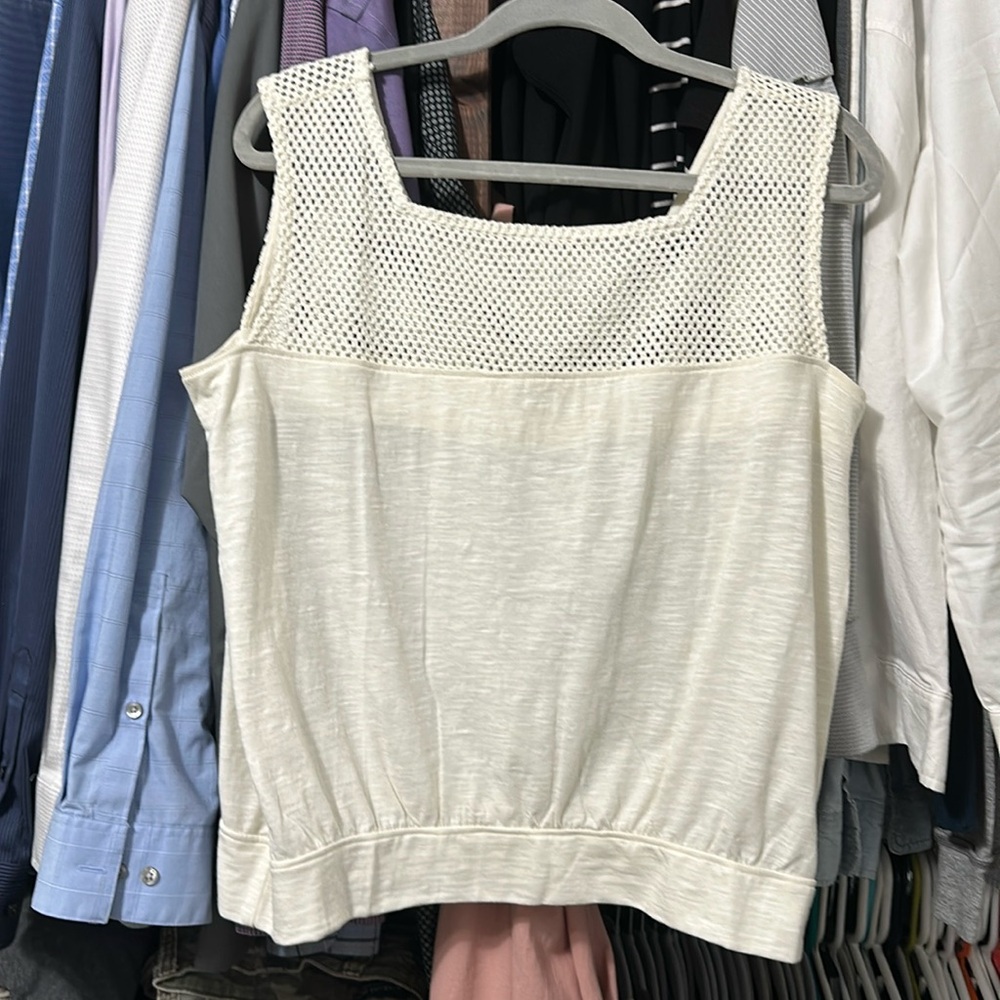 Prana cream colored sleeveless top with crochet detail